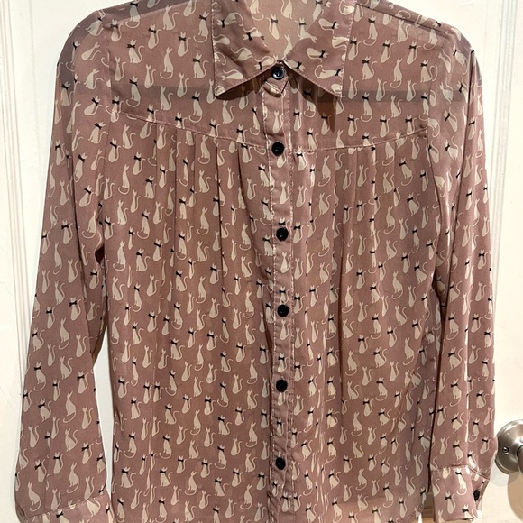 Retro Kitty Mod Cat Sheer Button-Up Blouse - Picture 2 of 6